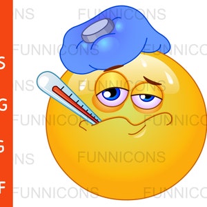 Clipart przedstawiający emotikonkę chorego z gorączką, dołączone pliki ai eps png jpg i pdf, możliwość natychmiastowego pobrania plików cyfrowych.