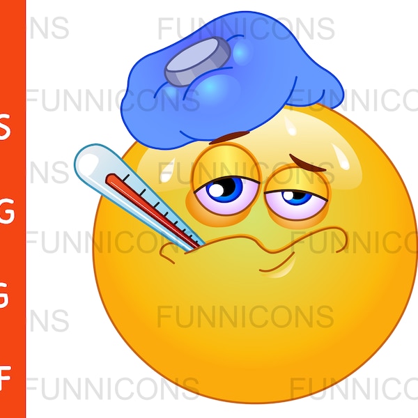 Dibujos animados de imágenes prediseñadas de un emoticono enfermo con fiebre, archivos ai eps png jpg y pdf incluidos, archivos digitales descarga instantánea.