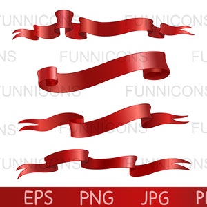 May include: Four red ribbon banners with a curled edge. The banners are isolated on a white background.