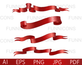 Red ribbons scrolls Christmas set, ai eps png pdf and jpg 300 DPI files included, digital files instant download.