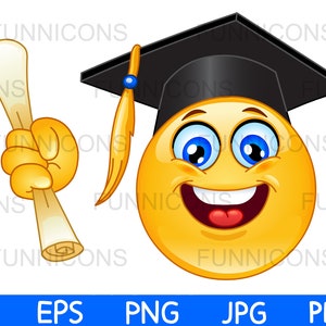 Clipart przedstawiający wesołą emotikonkę w czapce absolwenta i trzymającą dyplom, pliki ai eps png jpg pdf, pliki cyfrowe do pobrania.