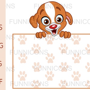 Clipart cartoon of a cute puppy looking over a blank paw print sign, ai eps png jpg and pdf files included, digital files instant download.