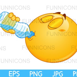 Clipart przedstawiający emotikonę pijącą wodę z butelki, dołączone pliki ai eps png jpg i pdf, możliwość natychmiastowego pobrania plików cyfrowych.
