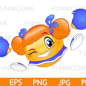 Clipart przedstawiający emotikonkę cheerleaderki z mrugnięciem oka i fioletowymi pomponami, pliki ai eps png jpg i pdf, możliwość pobrania plików cyfrowych.