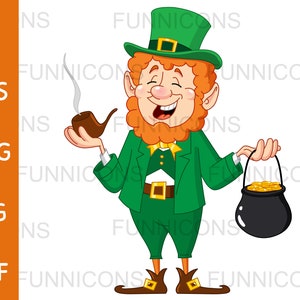 Può includere: Un'illustrazione di un folletto dei cartoni animati che indossa un cappello verde e tiene una pipa e un pentolone d'oro.