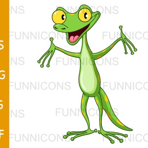 Clipart cartoon of a happy cute green gecko lizard, animal illustrations, ai eps png jpg and pdf files included, digital files download.