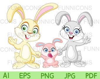 Clipart Easter cartoon of a happy bunny rabbits family, dad baby mom, animal illustration, ai eps png jpg pdf files, digital files download.