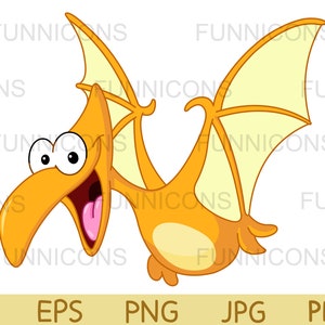 Desenho animado clipart de um dinossauro pterodáctilo feliz voando, arquivos ai eps png jpg e pdf incluídos, download instantâneo de arquivos digitais.