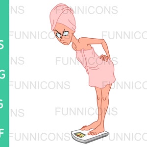 Clipart Cartoon einer unzufriedenen Frau im Handtuch stehend auf einer Gewichtswaage nach der Dusche, ai eps png jpg pdf Dateien, digitale Dateien herunterladen.