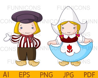 Clipart cartoon of Traditional Dutch couple, boy and girl, presenting and curtsying, ai eps png jpg and pdf files, digital files download.