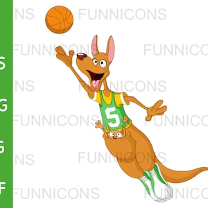 Clipart sport cartoon de kangourou heureux et joey jouant au basket-ball, illustration d’animaux, ai eps png jpg fichiers pdf, fichiers numériques télécharger.