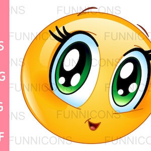 Desenho animado clipart de um emoticon fofo de garota mangá com grandes olhos verdes, arquivos ai eps png jpg e pdf incluídos, download de arquivos digitais.