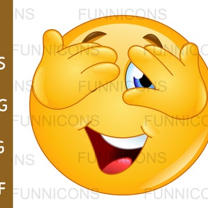 Dibujos animados de imágenes prediseñadas de un emoticono feliz cubriéndose los ojos y mirando, esperando una sorpresa, archivos ai eps png jpg y pdf, descarga de archivos digitales.