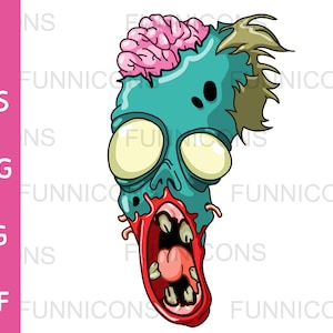 Desenho de clipart de Halloween de uma cabeça de zumbi gritando, arquivos ai eps png jpg e pdf incluídos, download instantâneo de arquivos digitais.