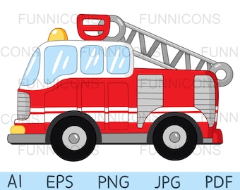 Dibujos animados clipart de un camión de bomberos, ai eps png pdf y jpg archivos incluidos, archivos digitales de descarga instantánea.