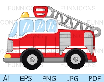 Clipart Cartoon eines Feuerwehrautos, ai eps png pdf und jpg Dateien enthalten, digitale Dateien instant download.