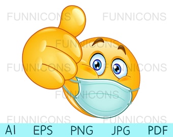 Clipart maschera, emoticon pollice in su con maschera medica, maschera facciale, file ai eps png pdf e jpg inclusi, download di file digitali.