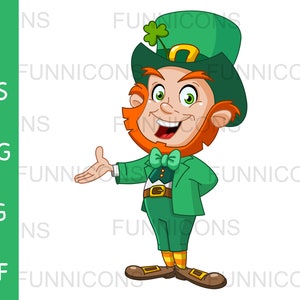 St. Patrick’s Day clipart cartoon of a happy leprechaun elf presenting, ai eps png jpg and pdf files included, digital files download.