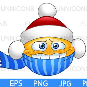 サンタの帽子とスカーフをまとった寒い顔文字の冬のクリスマス クリップアート漫画、ai eps png jpg pdf ファイル、デジタル ファイルのダウンロード。