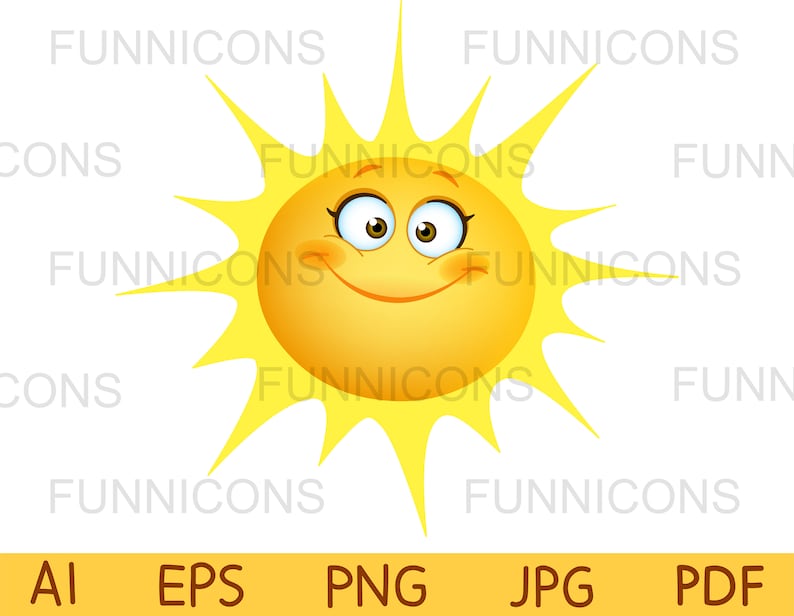 Op de afbeelding: Een cartoonzon met een glimlachend gezicht en grote ogen. De zon is geel met een heldere oranje gloed.