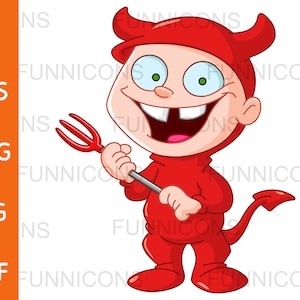 Halloween clipart cartoon van een jong kind kind jongen in een duivel kostuum met een hooivork, ai eps png jpg pdf bestanden, digitale bestanden downloaden.
