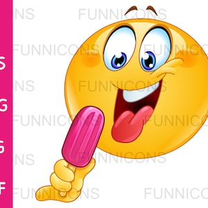 Clipart przedstawiający wesołą emotikonkę z wysuniętym językiem jedzącą lody na patyku, lody na patyku, pliki ai eps png jpg pdf, pliki cyfrowe do pobrania.