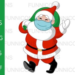 Puede incluir: Una ilustración de dibujos animados de Papá Noel con un traje rojo, barba blanca y una máscara facial azul. Lleva una bolsa verde sobre el hombro y saluda con la mano derecha.