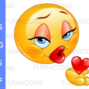 Dibujos animados de imágenes prediseñadas de un emoticono femenino lanzando un beso, archivos ai eps png jpg y pdf incluidos, descarga instantánea de archivos digitales.
