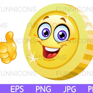 Desenho de clipart de uma moeda feliz mostrando o polegar para cima, como gesto, arquivos ai eps png jpg e pdf incluídos, download instantâneo de arquivos digitais.