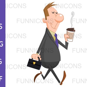 Clipart cartoon of a happy businessman walking with a paper coffee cup, ai eps png jpg and pdf files included, digital files download.