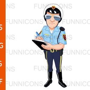 Clipart cartoon of a patrol policeman officer biker in uniform writing a ticket, ai eps png jpg pdf files included, digital files download.