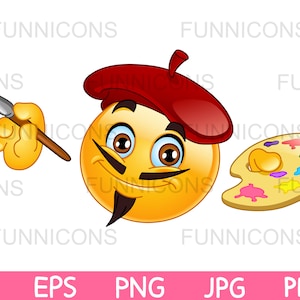 Clipart przedstawiający artystę malarza, emotikonę malującą i trzymającą paletę, pliki ai eps png jpg i pdf, możliwość pobrania plików cyfrowych.
