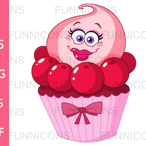 Cartone animato Clipart di un simpatico carattere viso cupcake ciliegia, ai eps png jpg e file pdf inclusi, download istantaneo di file digitali.