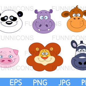 Clipart cartoon batch, animal heads faces icons: panda, hippo, monkey, pig, lion, zebra, ai eps png jpg pdf files, digital files download.
