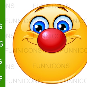 Clipart cartoon van een lachende emoticon met een rode clownneus, ai eps png jpg en pdf-bestanden inbegrepen, digitale bestanden direct downloaden.