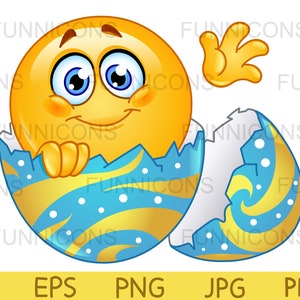 Cartone animato clipart pasquale di un'emoticon felice che nasce da un uovo di Pasqua, file ai eps png jpg e pdf inclusi, download di file digitali.