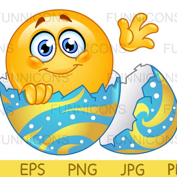 Easter clipart cartoon of a happy emoticon hatching from an Easter egg, ai eps png jpg and pdf files included, digital files download.