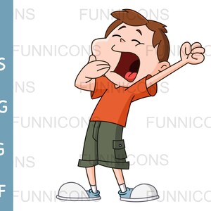 Dibujos animados clipart de un niño niño bostezando y estirando, ai eps png jpg y archivos pdf incluidos, archivos digitales descarga instantánea.