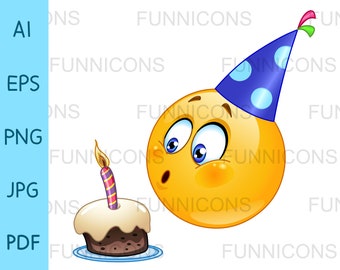 Geburtstag Emoticon mit Kuchen Clipart, Vektor-Illustration, ai eps png pdf und jpg Dateien enthalten, digitale Dateien sofortiger Download.