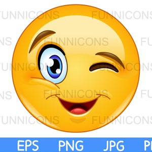 Clipart cartoon of winking and smiling  emoticon face, ai eps png jpg and pdf files included, digital files instant download.