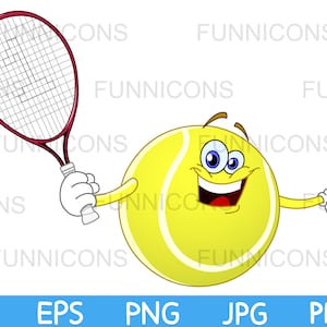 Clipart cartoon of a happy tennis ball character holding a racket, sport illustration, ai eps png jpg and pdf files, digital files download.