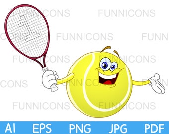 Clipart cartoon of a happy tennis ball character holding a racket, sport illustration, ai eps png jpg and pdf files, digital files download.