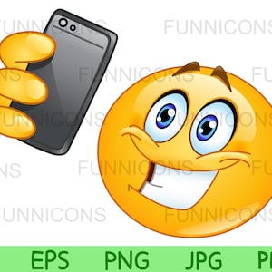 Clipart przedstawiający radosną emotikonkę robiącą sobie selfie telefonem, pliki ai eps png jpg i pdf, możliwość pobrania plików cyfrowych.