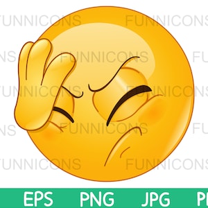 頭に手を置く顔文字のクリップアート漫画、顔を手のひらで覆うジェスチャー、ai eps png jpg および pdf ファイル、デジタル ファイルのダウンロード。