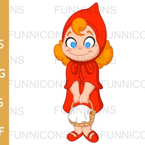 Sprookjesachtige clipart cartoon van roodkapje, ai eps png jpg en pdf bestanden inbegrepen, digitale bestanden instant download.