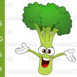 Clipart cartoon of a happy broccoli character, vegetable illustration, ai eps png jpg and pdf files included, digital files download.