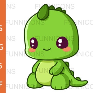 Clipart desenho animado de um dinossauro bebê chibi dino verde sorridente sentado, arquivos ai eps png jpg e pdf incluídos, download instantâneo de arquivos digitais.