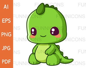 Clipart cartoon of a smiling green baby chibi dino dinosaur sitting, ai eps png jpg and pdf files included, digital files instant download.