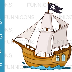 Clipart cartone animato di una nave pirata a vela che sventola una bandiera Jolly Roger, ai eps png jpg e file pdf inclusi, file digitali download istantaneo.