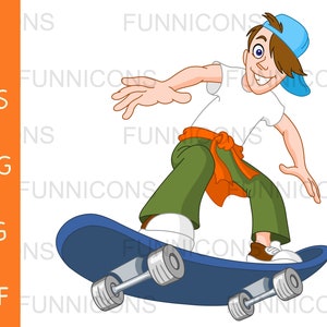 Clipart desenho animado de um garoto de skate, arquivos ai eps png jpg e pdf incluídos, download instantâneo de arquivos digitais.